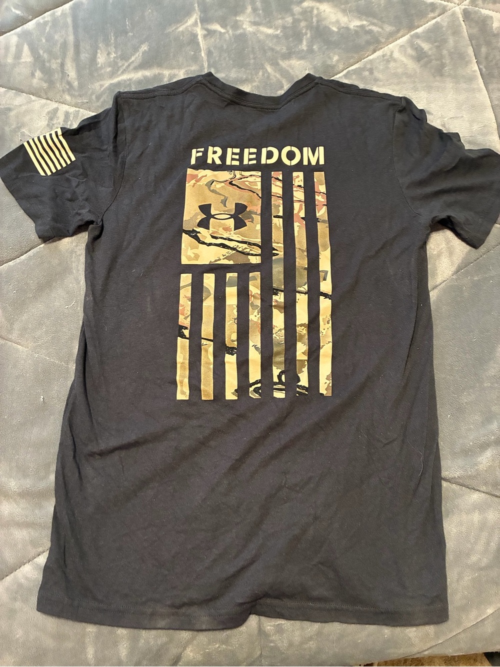 Under Armour Black Tee with Tan Camo 'Freedom' Flag Graphic